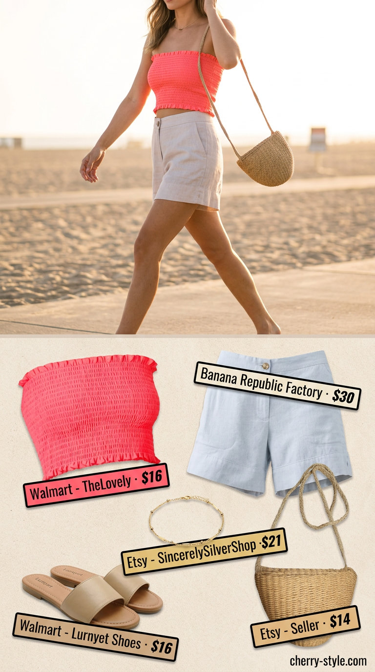 Relaxed summer Bandeau top for women 2026: Coral smocked bandeau with linen shorts and straw crossbody bag.