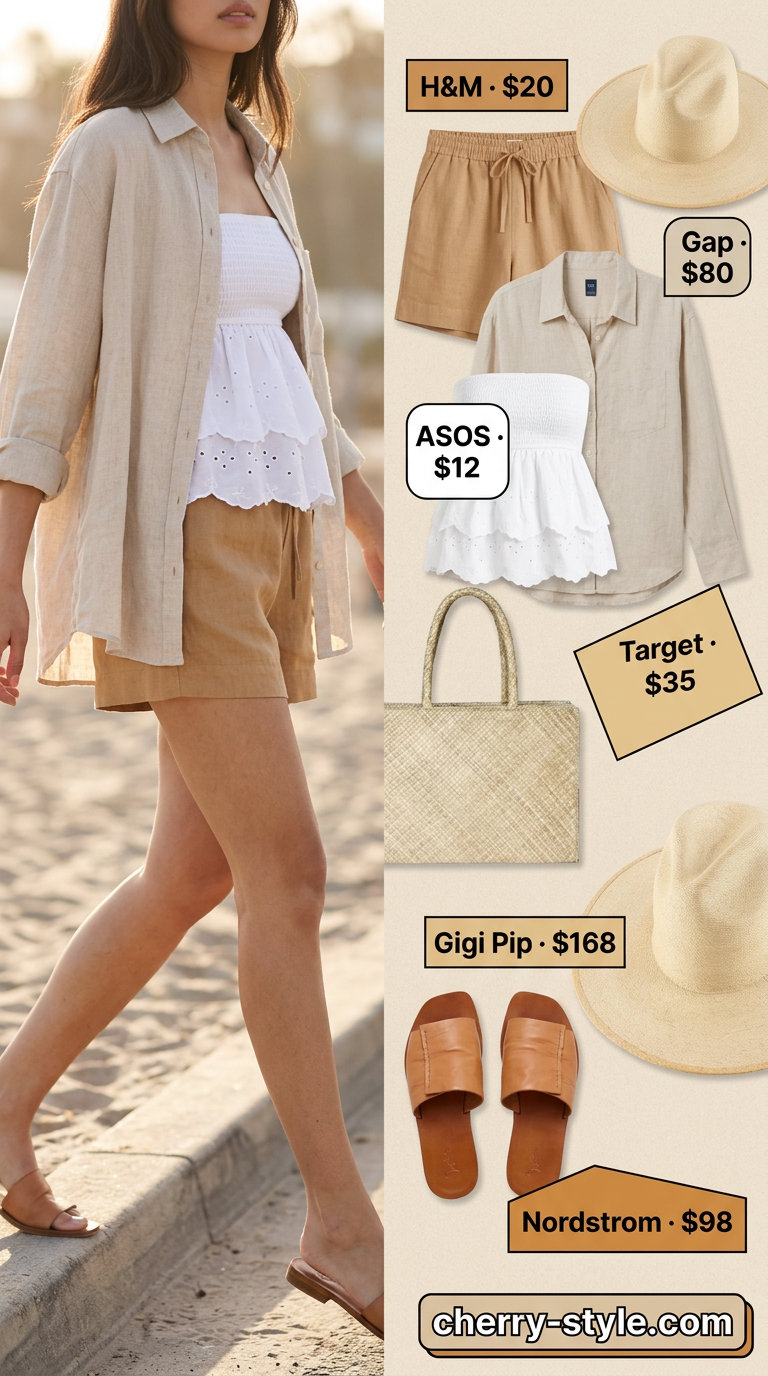 Effortless summer Bandeau top for women 2026: White eyelet bandeau with linen shorts and an oversized linen shirt.