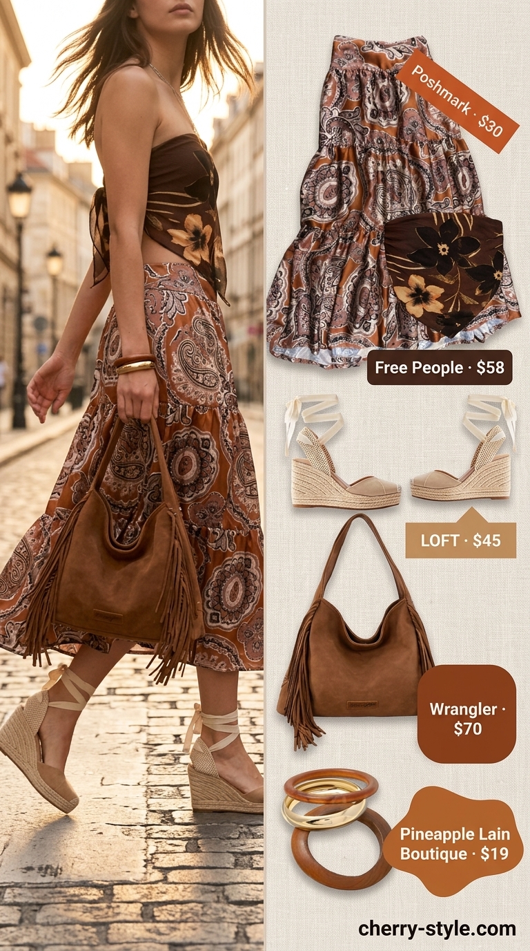 Boho summer bandeau top for women 2026 in rust orange and cream for evening gatherings.