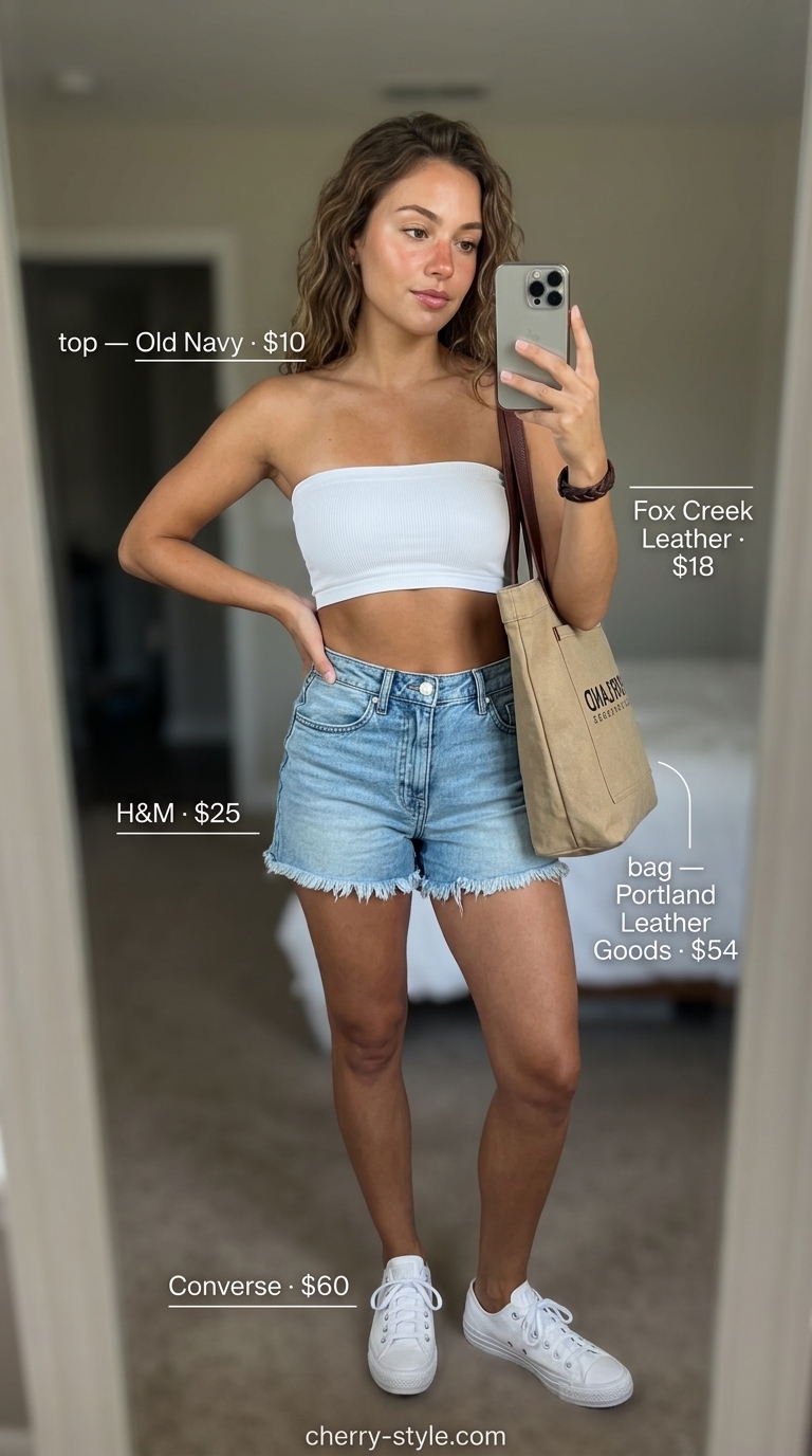 Casual white bandeau top with blue denim shorts and tan tote bag for women 2026 summer style.