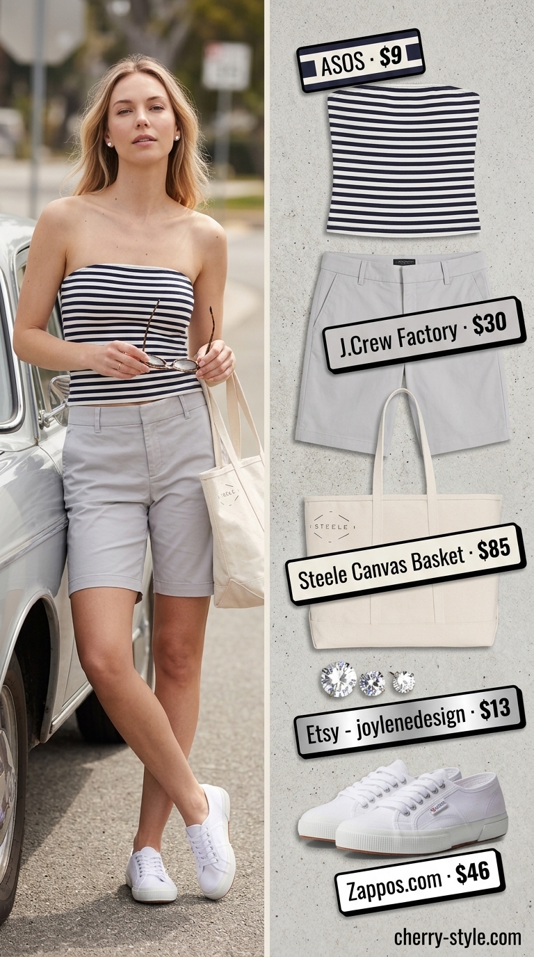 Navy striped bandeau top with grey shorts for casual summer day women 2026.