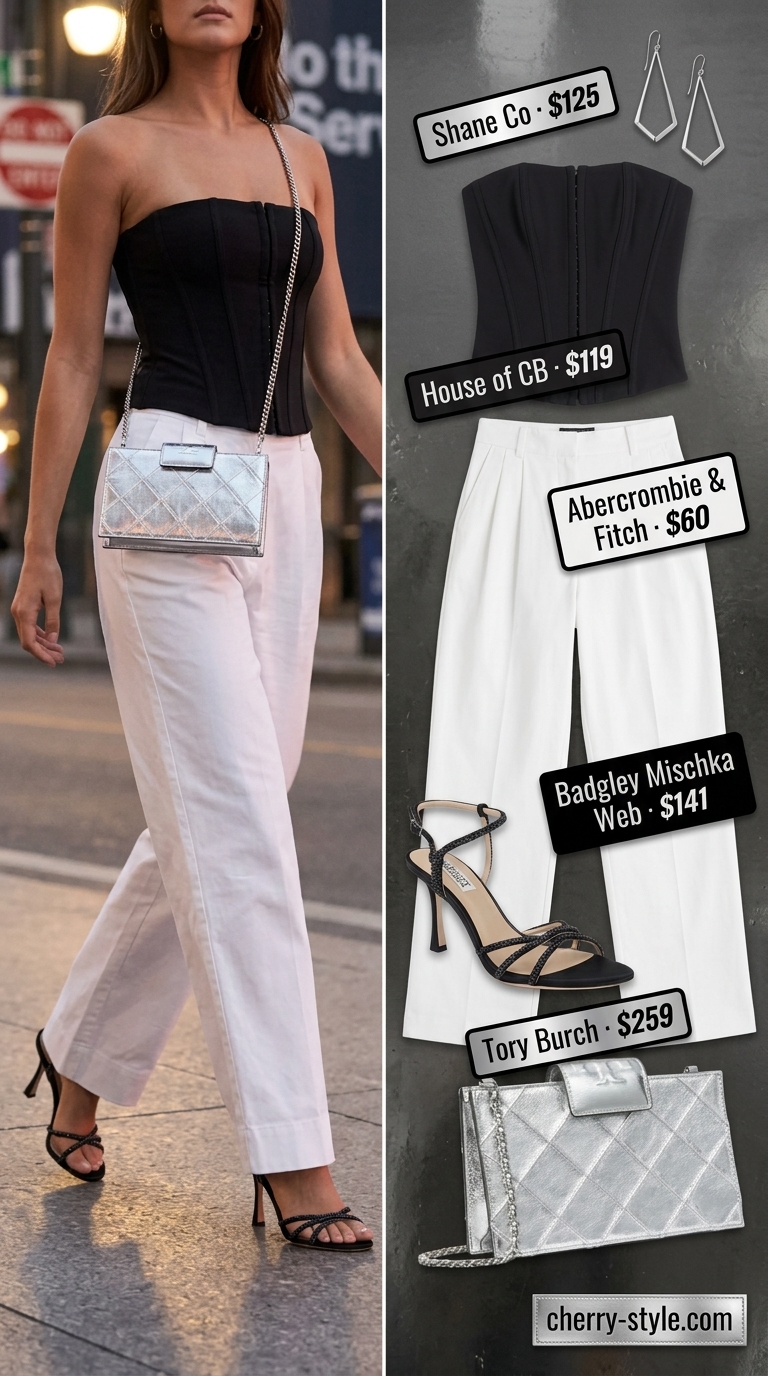 Black fitted bandeau top with white trousers for city summer night out women 2026.