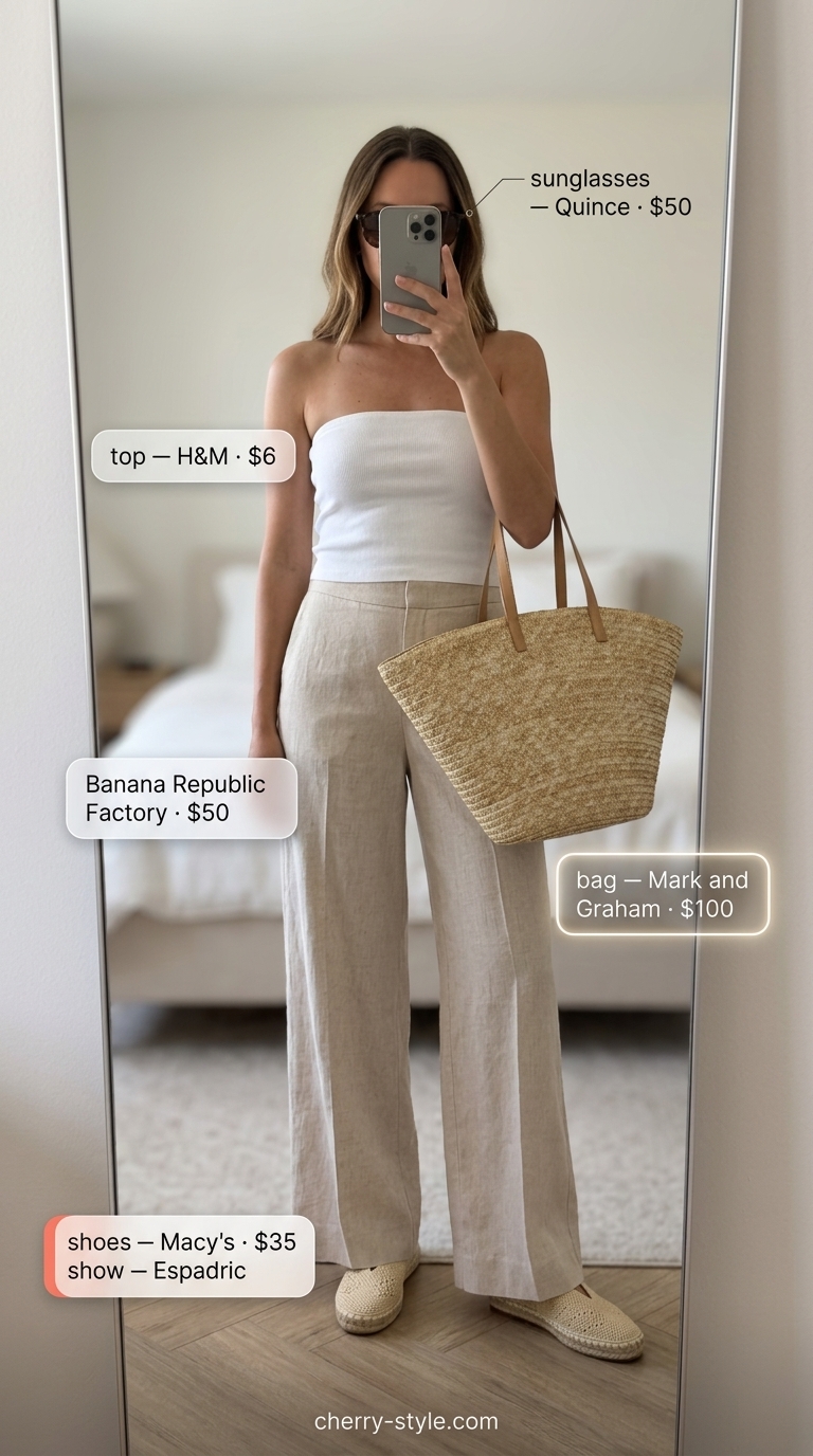White ribbed knit bandeau top with linen trousers for coastal grandmother summer 2026.