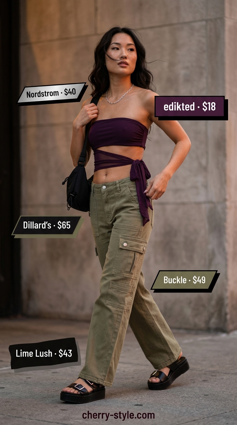 Edgy khaki cargo pants with a black cut-out bandeau top for women 2026 night out.
