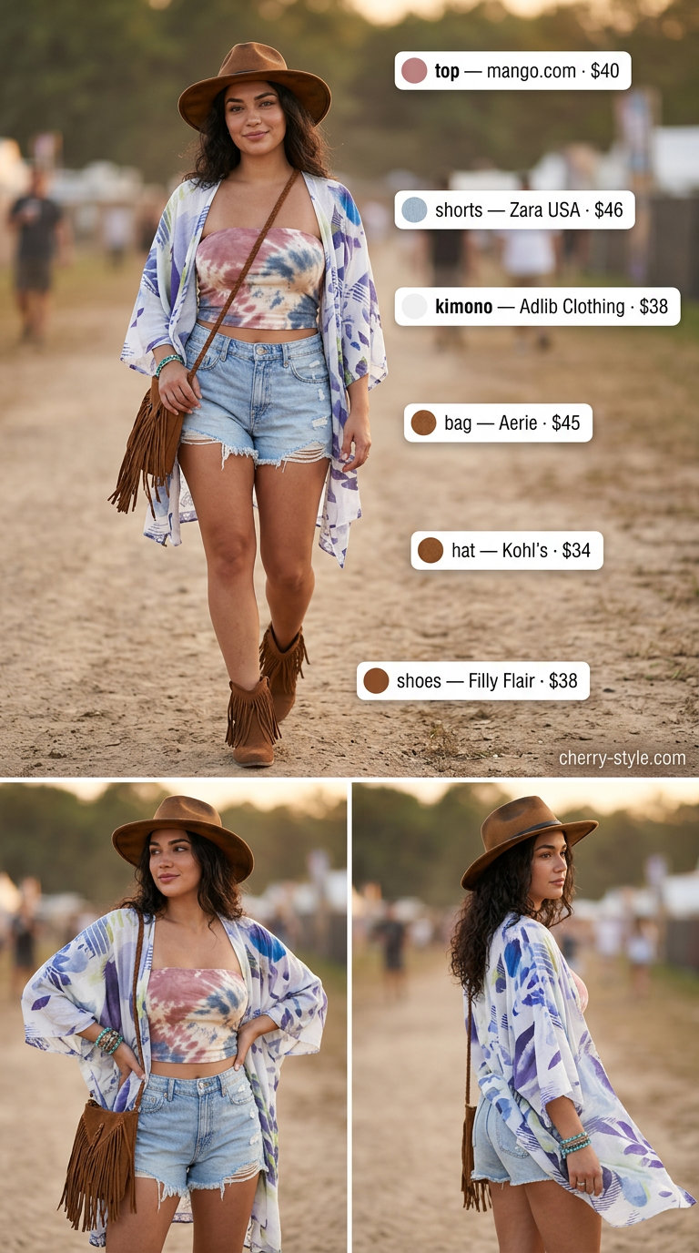 Bold festival summer Bandeau top for women 2026: Tie-dye bandeau with distressed denim shorts and a sheer kimono.