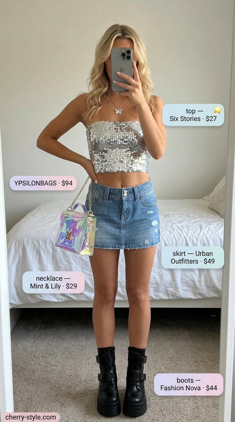 Festival ready summer Bandeau top for women 2026: Shimmering silver bandeau with low-rise denim mini skirt and combat boots.