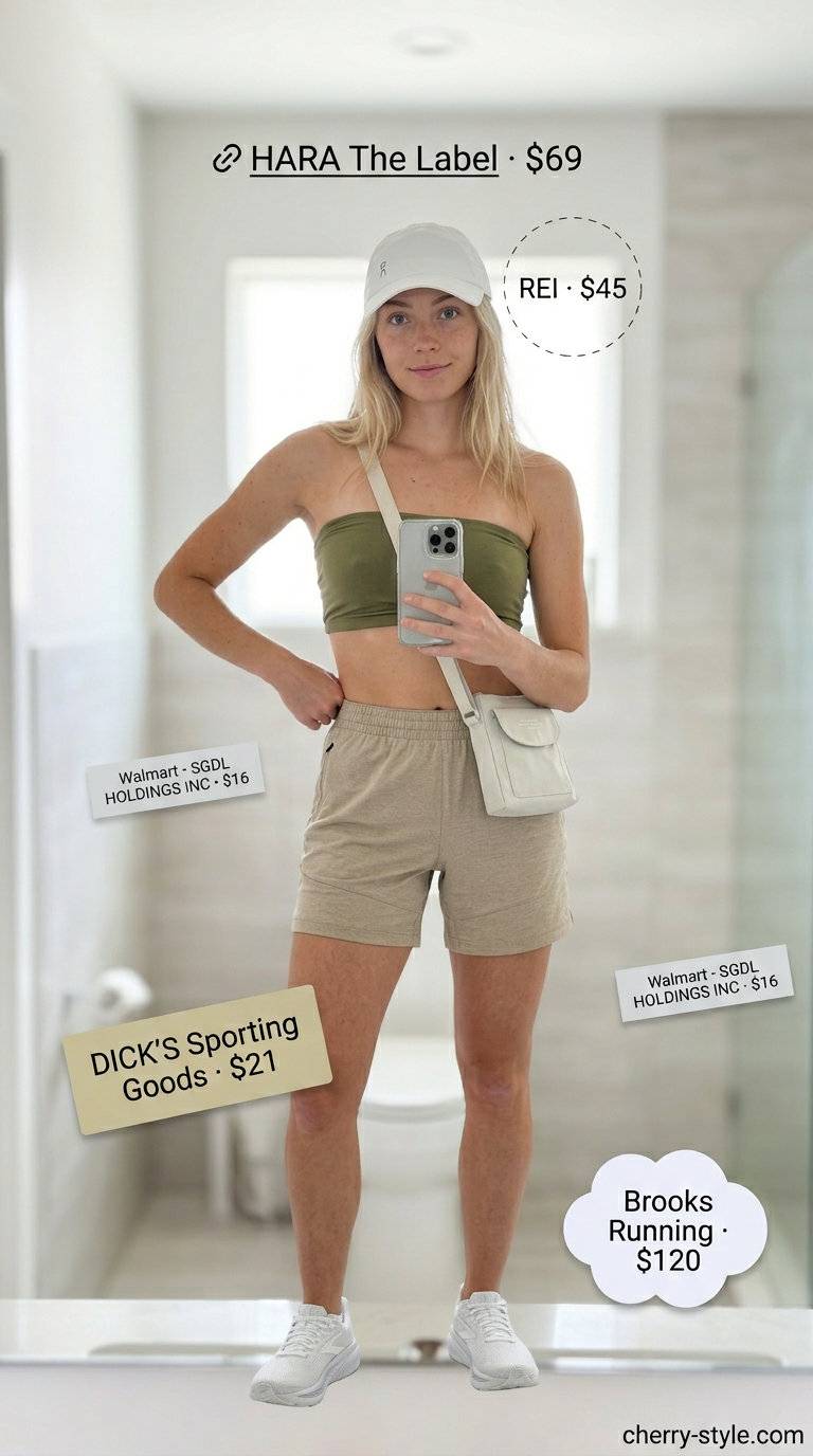 Active summer bandeau top for women 2026 in muted green, khaki, and white for hiking and outdoor activities.