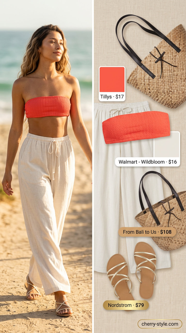 Vibrant summer bandeau top for women 2026 in coral for poolside lounging.