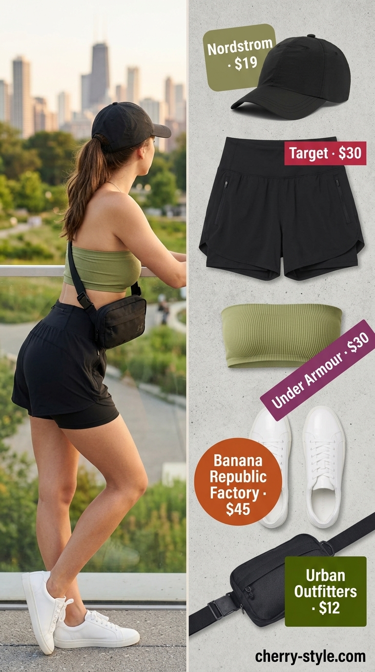 Olive green sports bra bandeau top with black athletic shorts for women 2026.