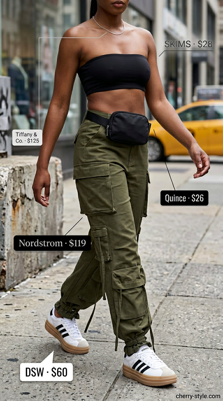 Edgy summer bandeau top for women 2026 in black and olive green for urban exploration.