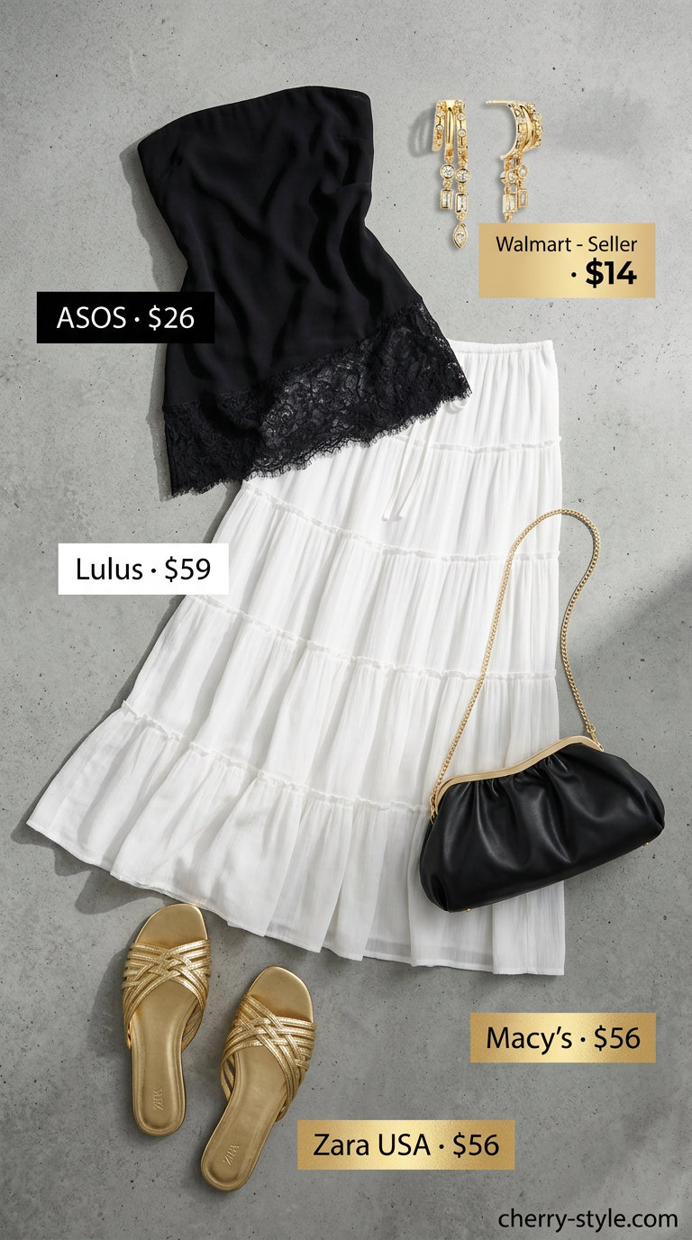 Elegant summer Bandeau top for women 2026: Black lace bandeau with flowy maxi skirt and metallic sandals.
