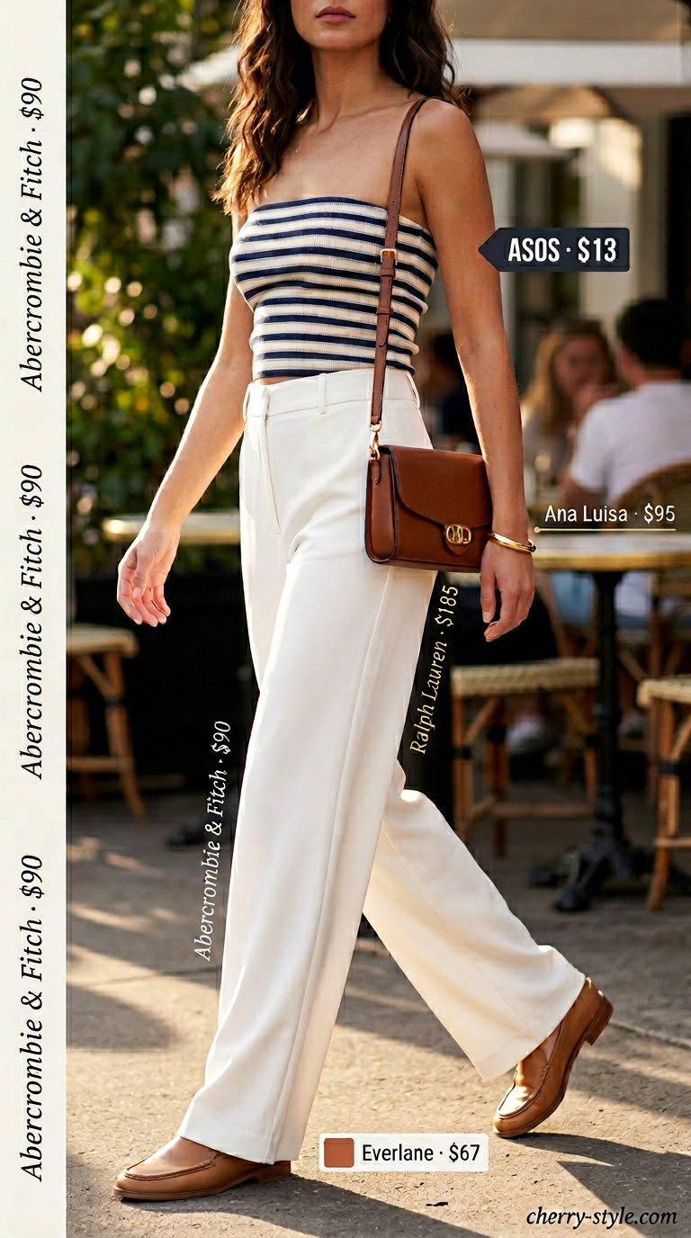 Sophisticated summer Bandeau top for women 2026: Navy and white striped knit bandeau with tailored trousers and loafers.