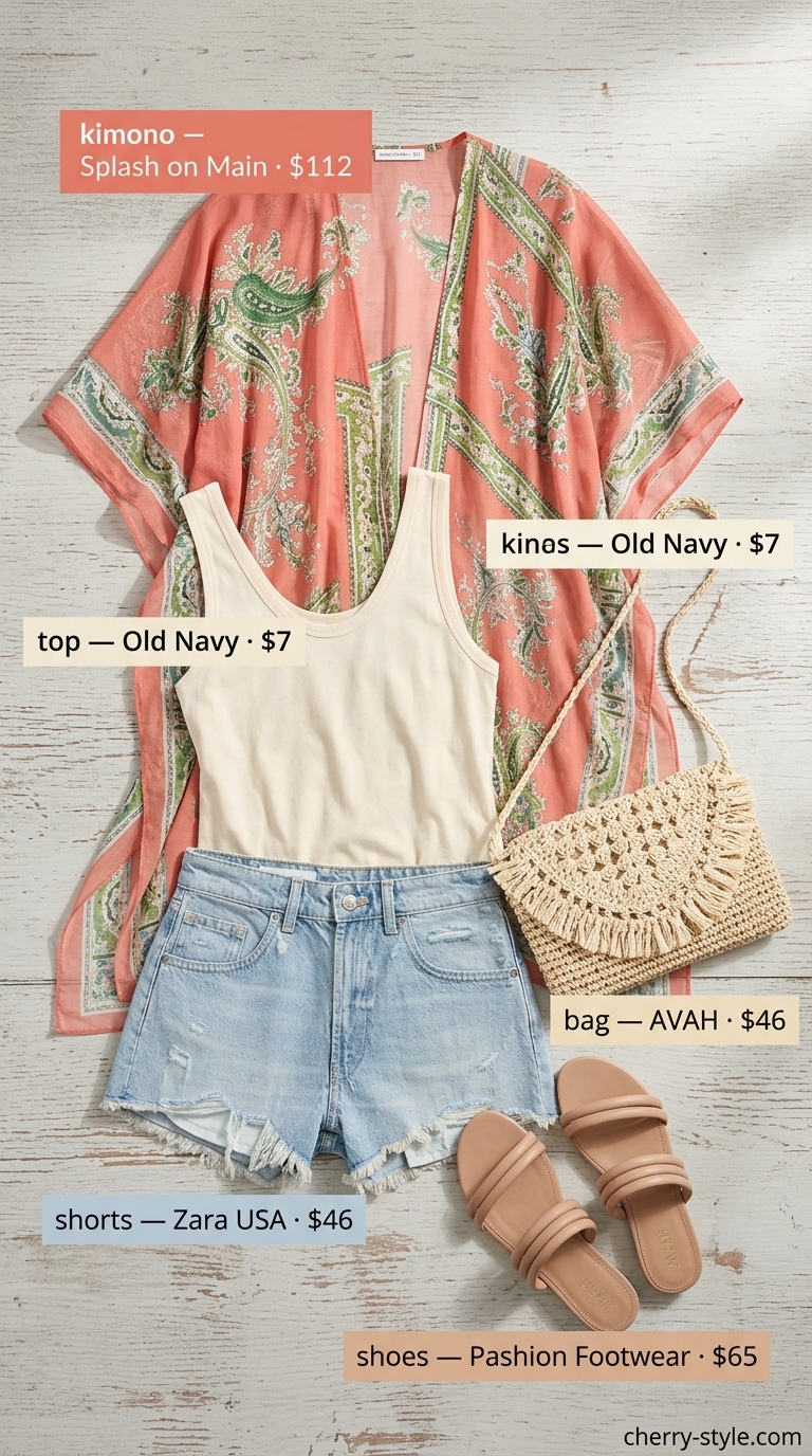Boho summer beach outfit for women 2026: Denim shorts, coral kimono, cream tank, straw bag, and braided sandals.