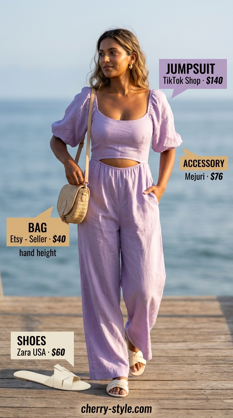 Comfortable summer beach outfit for women 2026: Lavender jumpsuit, cream slides, straw crossbody, and gold hoops for boardwalk.