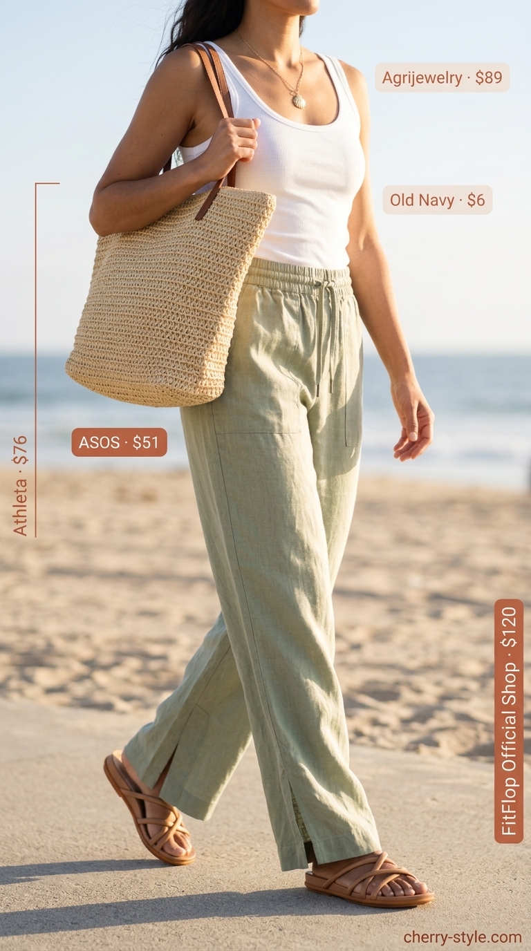 Sophisticated summer beach outfit for women 2026: Sage linen pants, white tank, straw tote, and gold necklace for brunch.