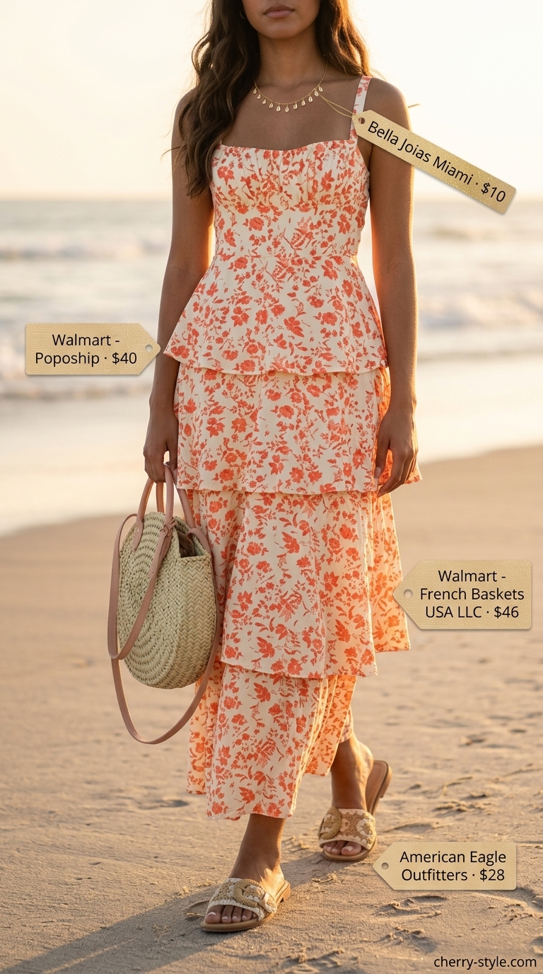 Flowy coral maxi dress summer beach outfit for women 2026 with straw tote and layered necklaces.