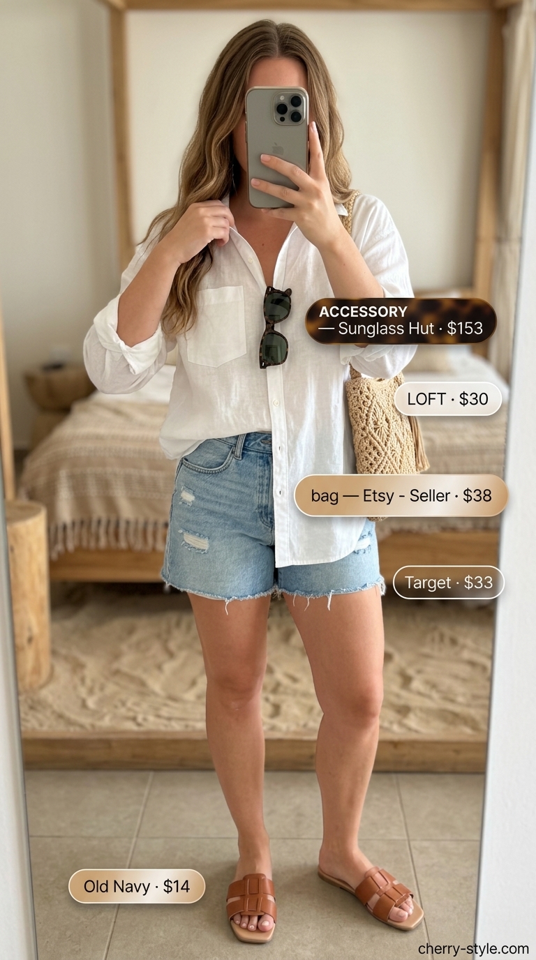 Distressed denim shorts, oversized white linen shirt, tan sandals. Casual summer beach outfit for women 2026.