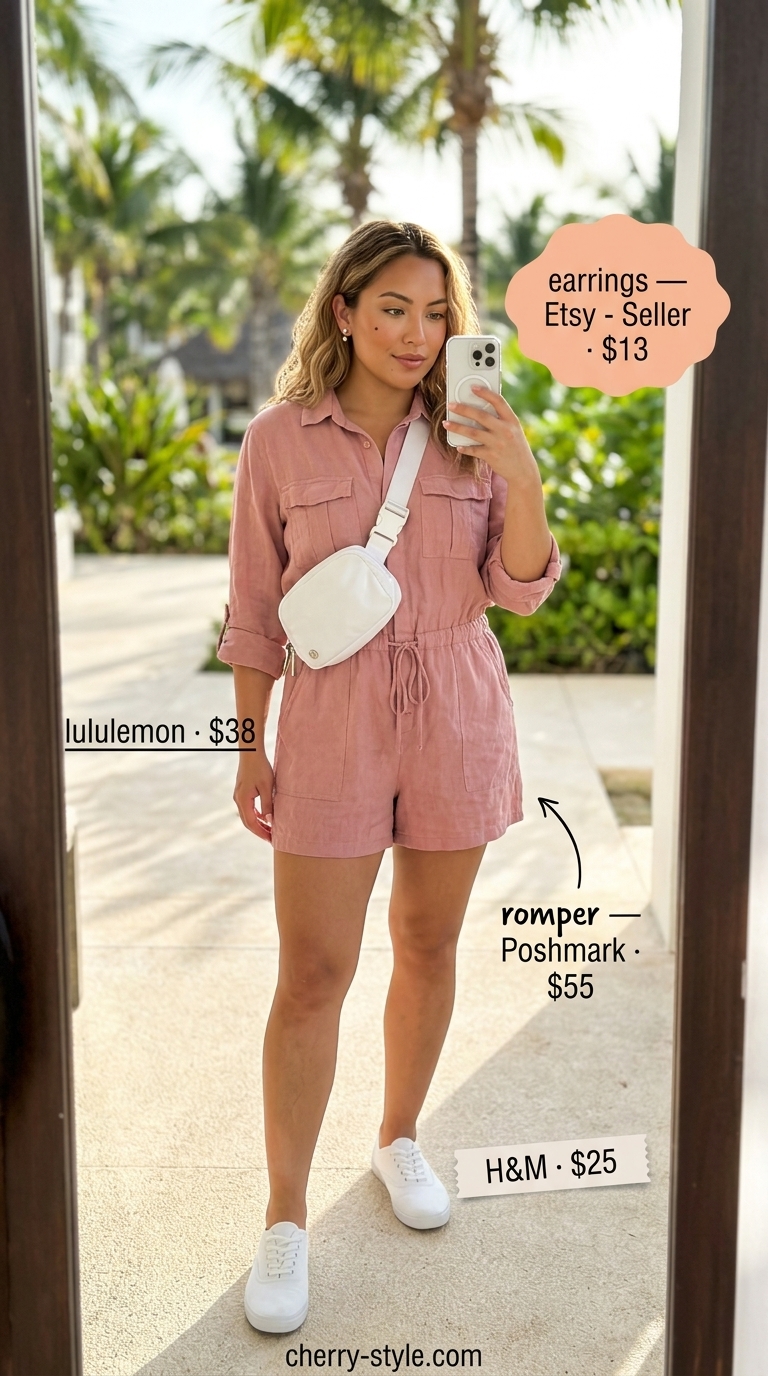 Practical dusty rose romper summer beach outfit for women 2026 for active days.