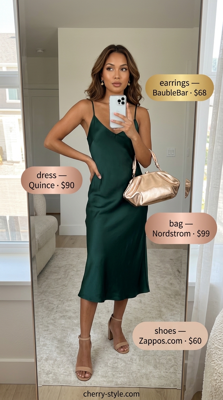 Luxurious emerald green slip dress summer beach outfit for women 2026 for a tropical dinner.