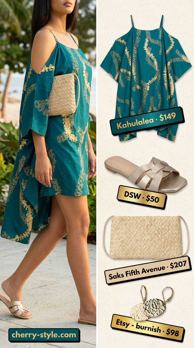 Luxurious summer beach outfit for women 2026: Teal caftan, gold earrings, metallic flats, and straw clutch for beach club.