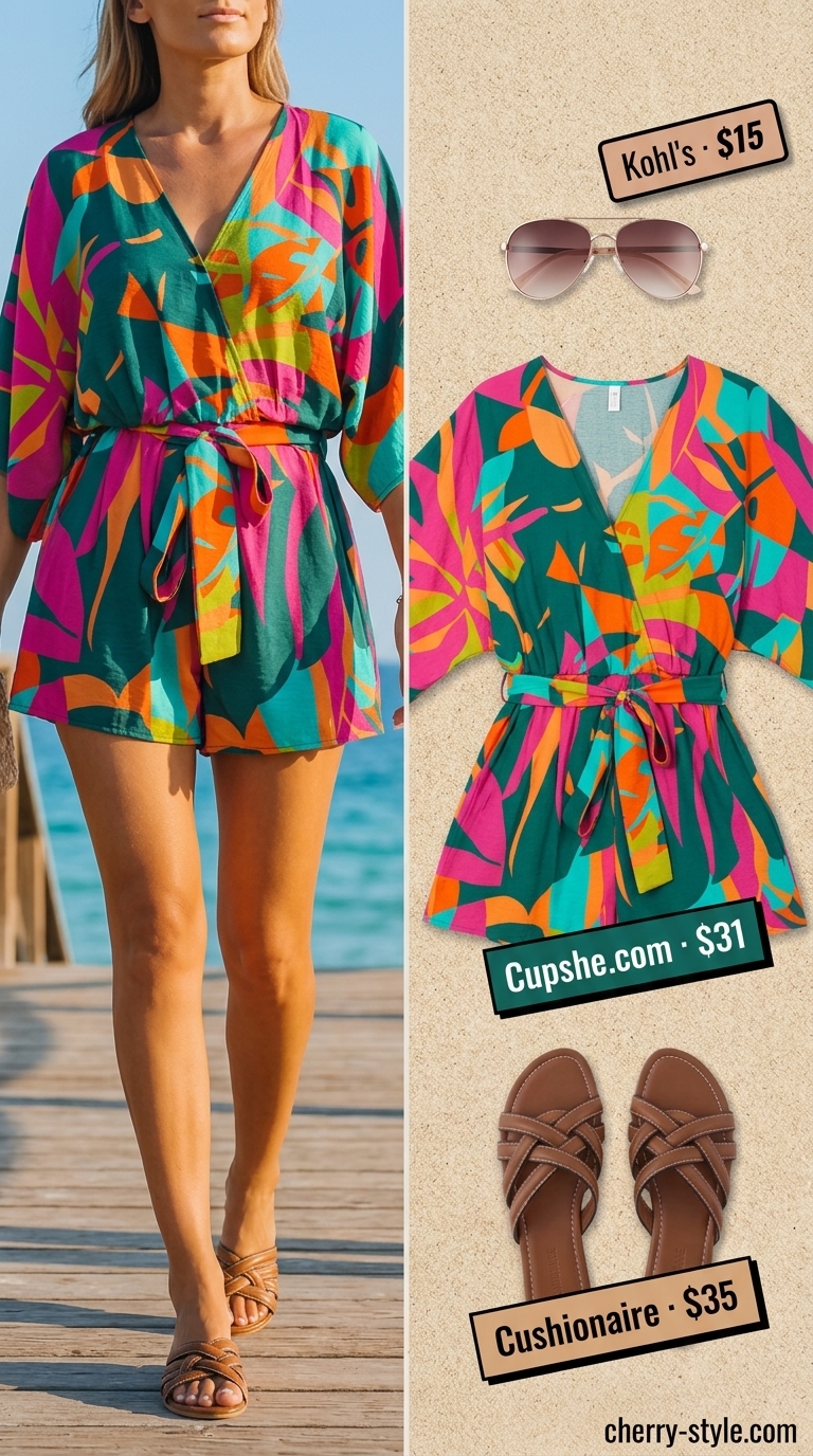 Jungle green romper with fuchsia print, tan sandals, and fuchsia bag. Perfect summer beach outfit for women 2026.