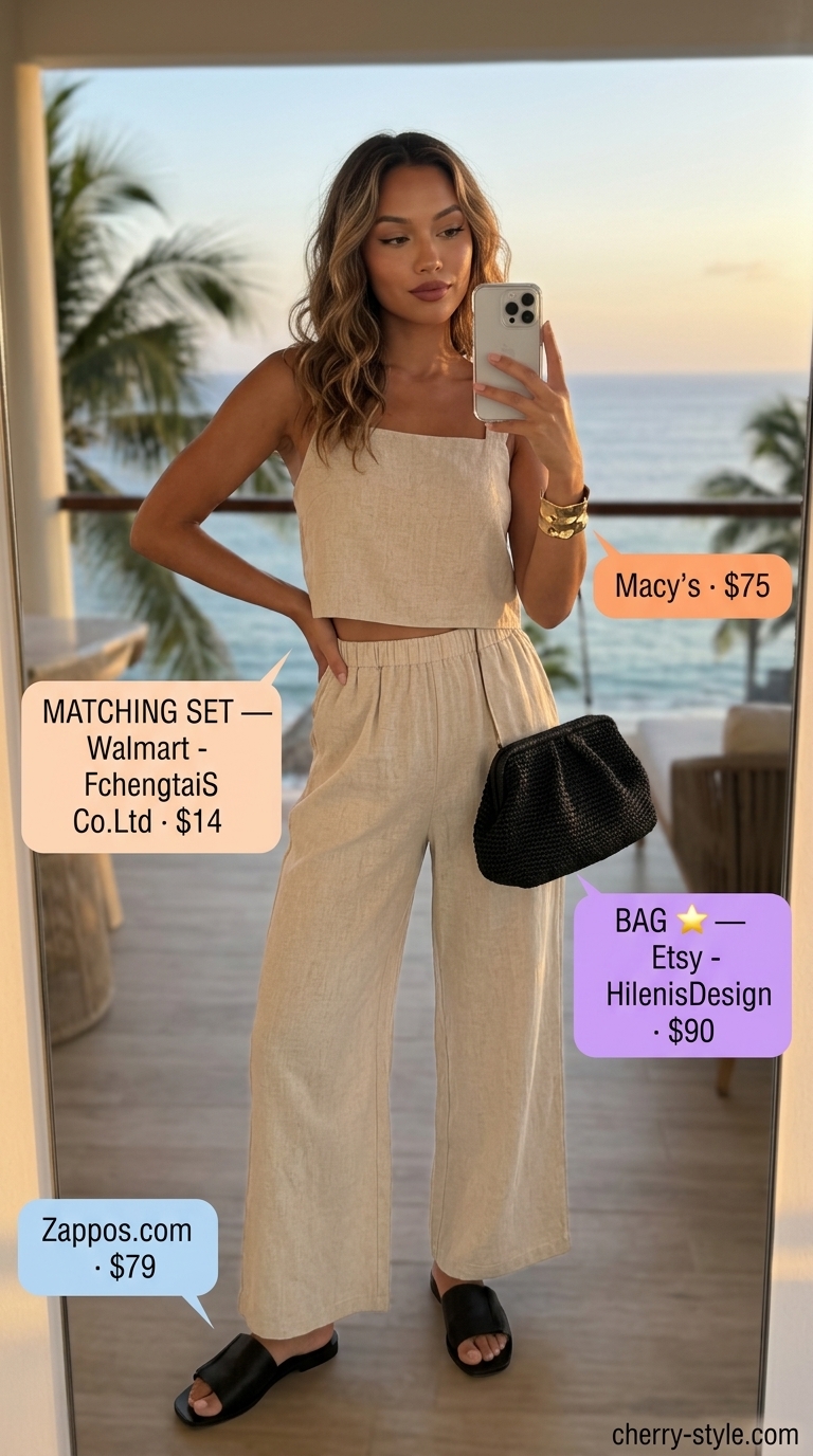 Linen crop top and pants set, raffia clutch, black sandals. Minimalist summer beach outfit for women 2026.
