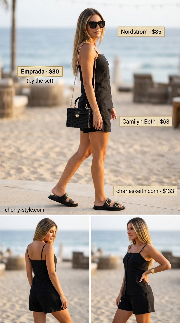 Black linen matching set, straw bag, gold jewelry. Sleek summer beach outfit for women 2026.