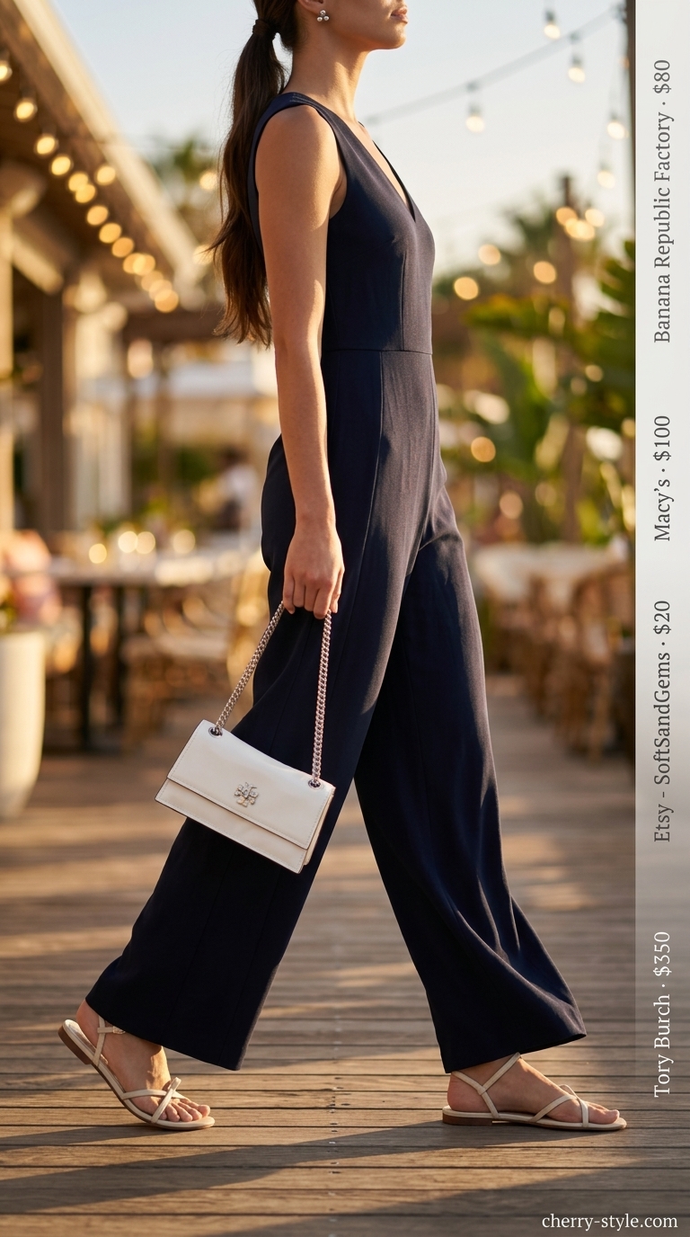 Navy wide-leg jumpsuit, white sandals, silver bag. Elegant summer beach outfit for women 2026.