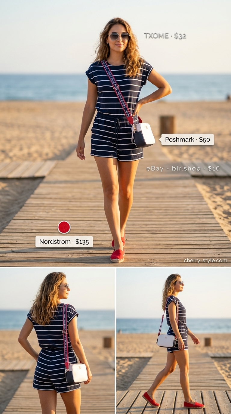 Nautical summer beach outfit for women 2026: Navy and white striped romper, red bandana, canvas crossbody bag, espadrilles.
