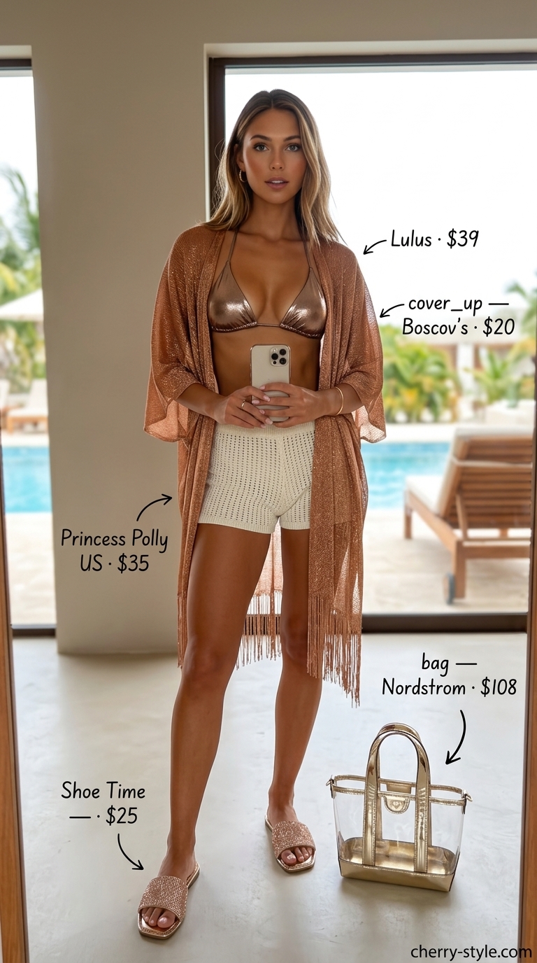 Cream crochet shorts, gold bikini, sheer kimono cover-up. Glam summer beach outfit for women 2026.