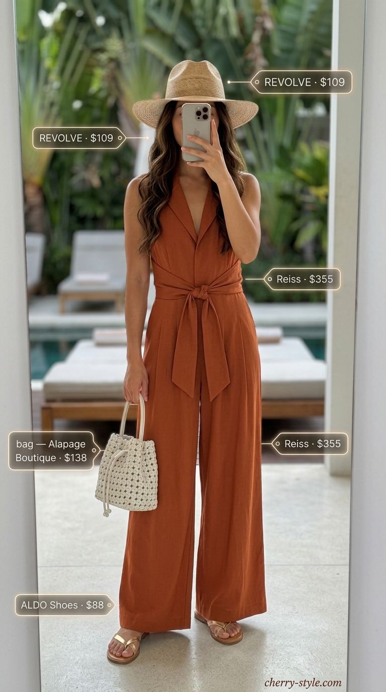 Effortless summer beach outfit for women 2026: Terracotta linen jumpsuit, straw hat, woven bag, and metallic sandals for exploration.