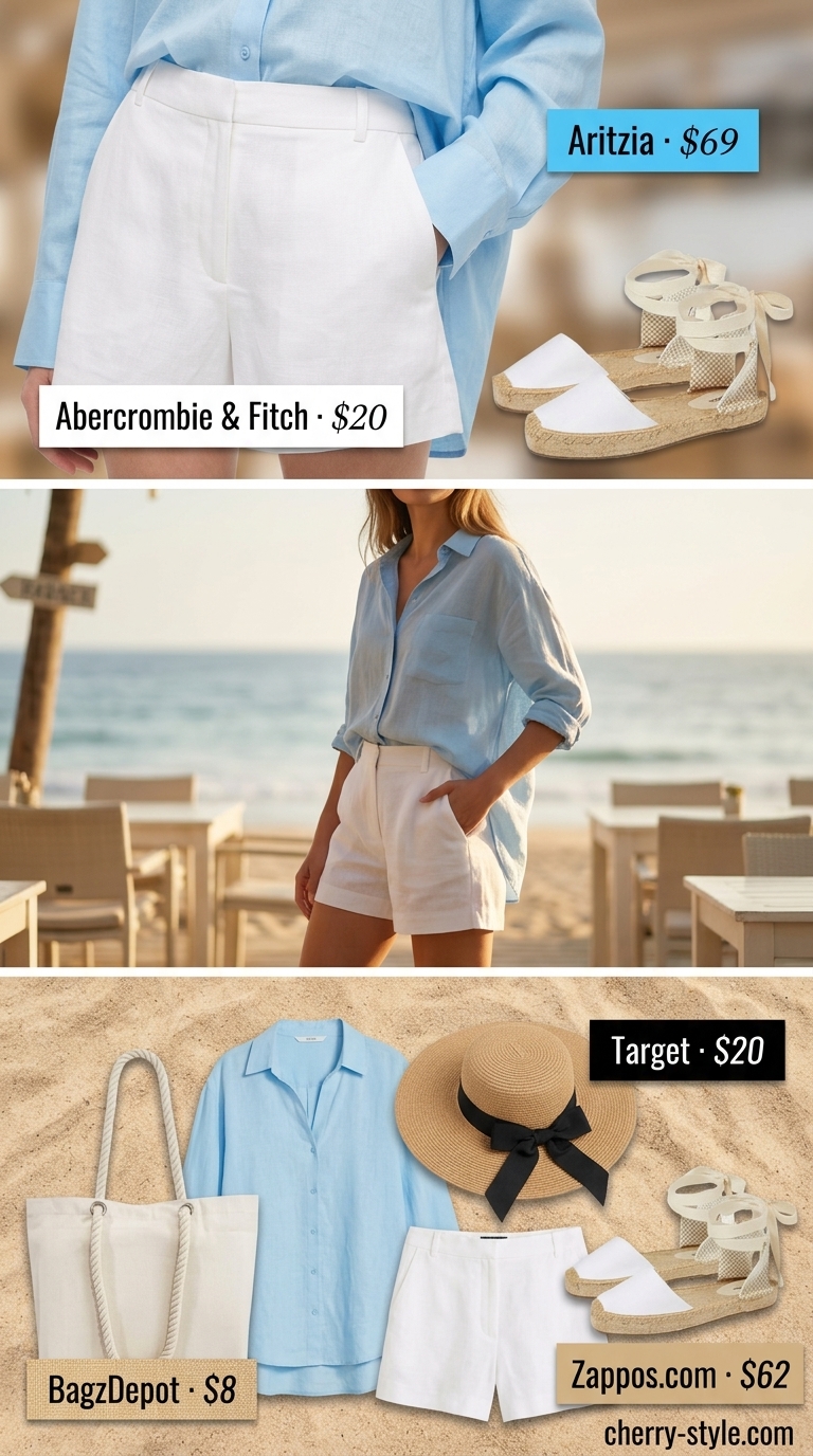 Relaxed summer beach outfit for women 2026: White linen shorts, blue oversized shirt, espadrilles, and straw hat for beach lunch.