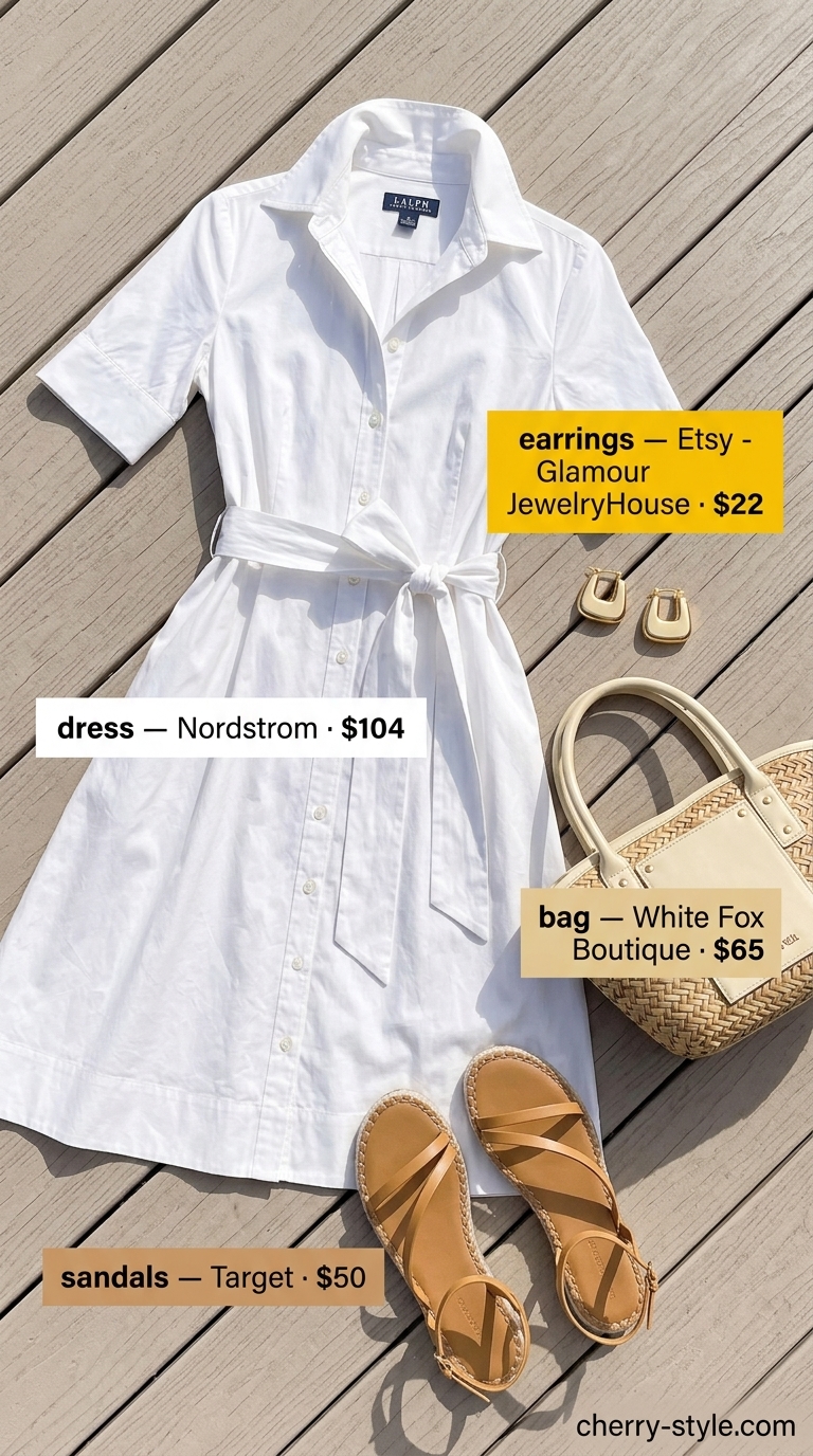 White shirt dress, tan espadrilles, straw bag. Polished summer beach outfit for women 2026.