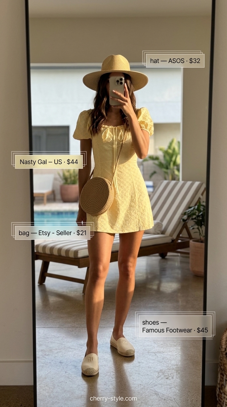 Sweet summer beach outfit for women 2026: Pastel yellow sundress, straw fedora, round straw bag, and woven sandals for a stroll.