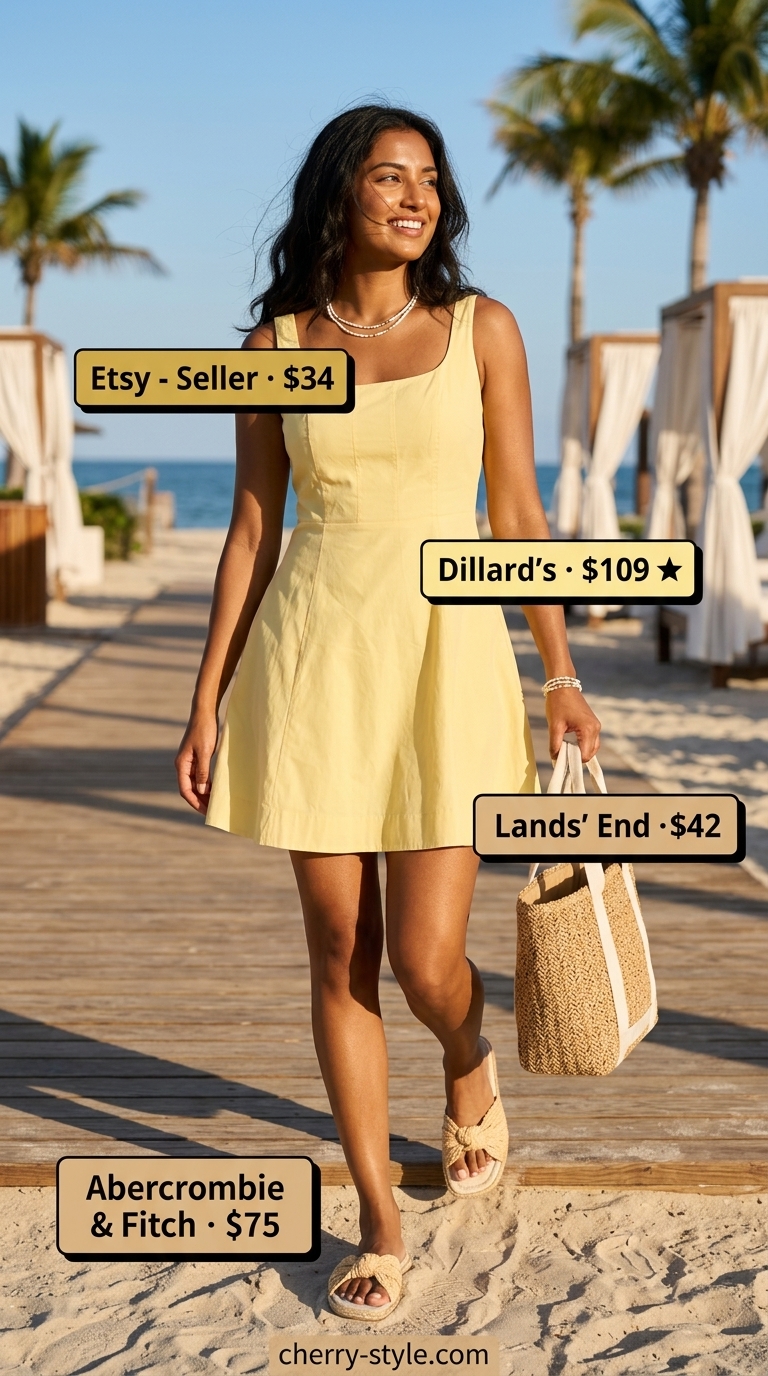 Cheerful summer beach outfit for women 2026: Yellow sundress, espadrille slides, straw tote, and beaded bracelet for beach day.