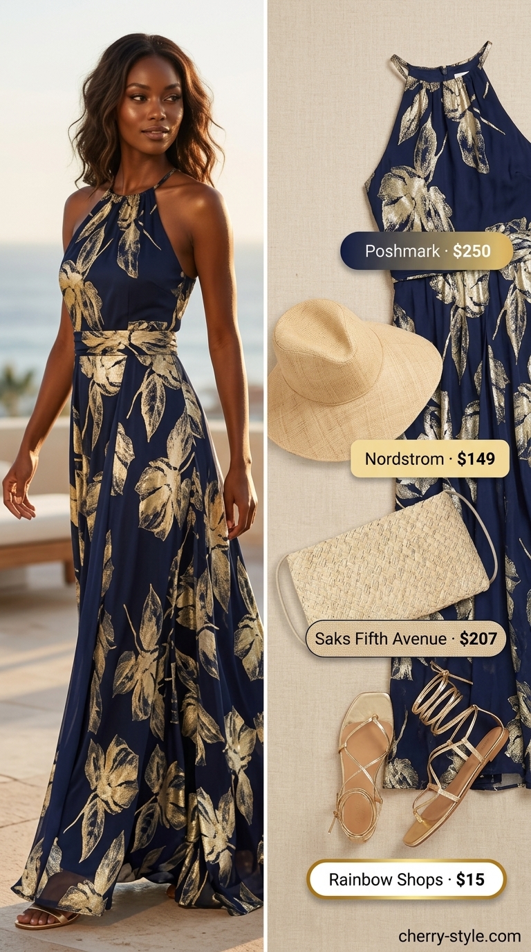 Navy and teal abstract print caftan, gold sandals, straw hat. Luxurious summer beach outfit for women 2026.