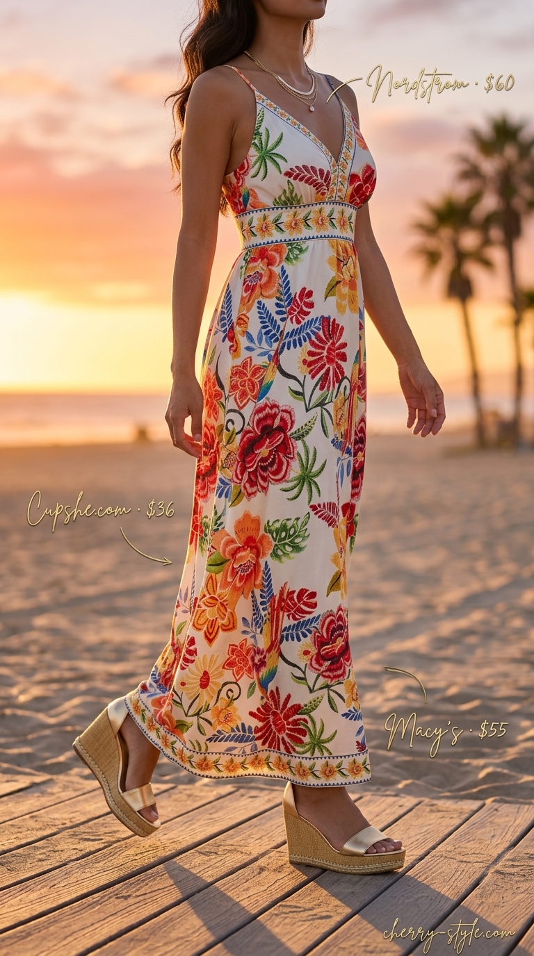 Elegant summer beach outfit for women 2026: Coral floral maxi dress, gold necklaces, espadrilles, and raffia clutch for resort dinner.