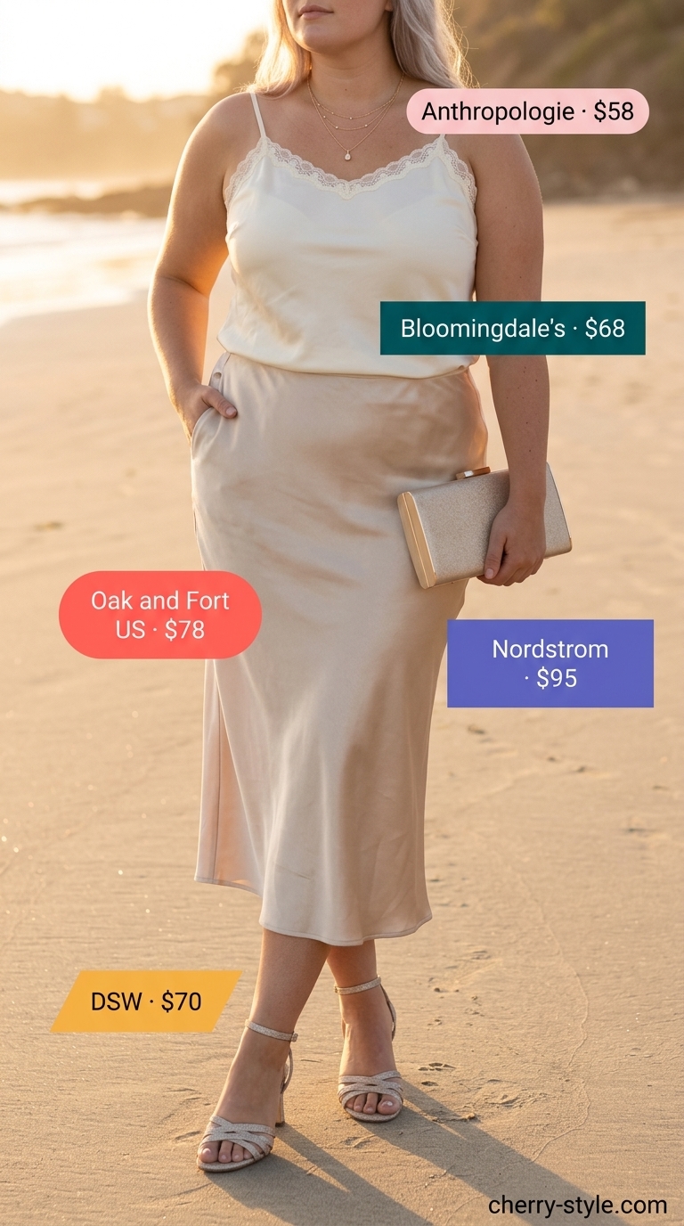 Champagne gold satin skirt, ivory lace camisole, rose gold sandals. Chic summer beach outfit for women 2026.