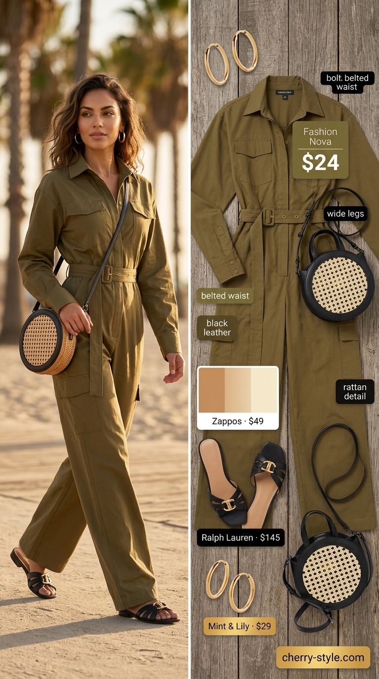 Chic summer beach outfit for women 2026: Olive utility jumpsuit, black slides, woven crossbody, and gold hoops for day trips.