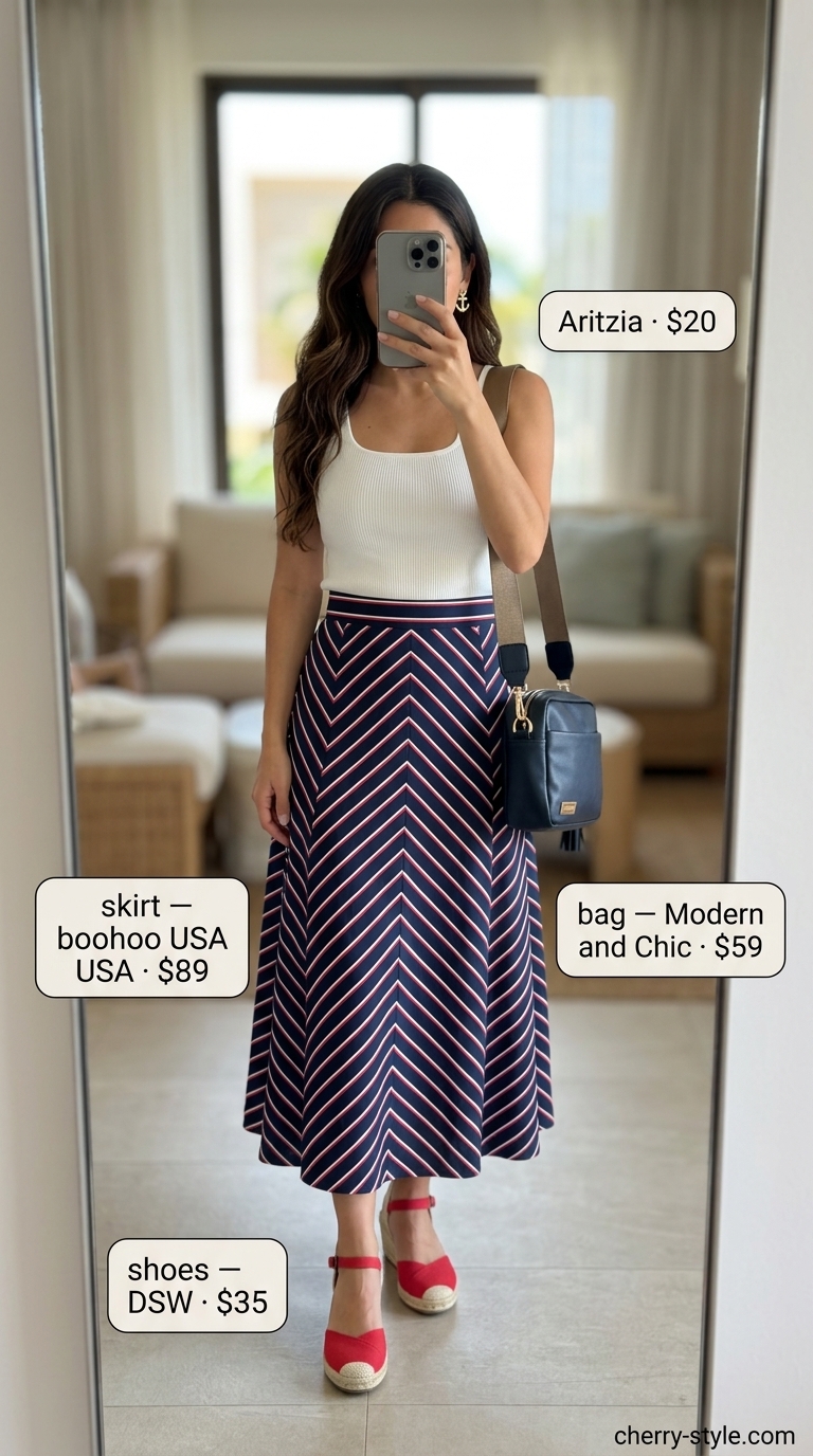 Nautical summer beach outfit for women 2026: Navy striped skirt, white knit top, red espadrilles, and crossbody bag for yacht club.