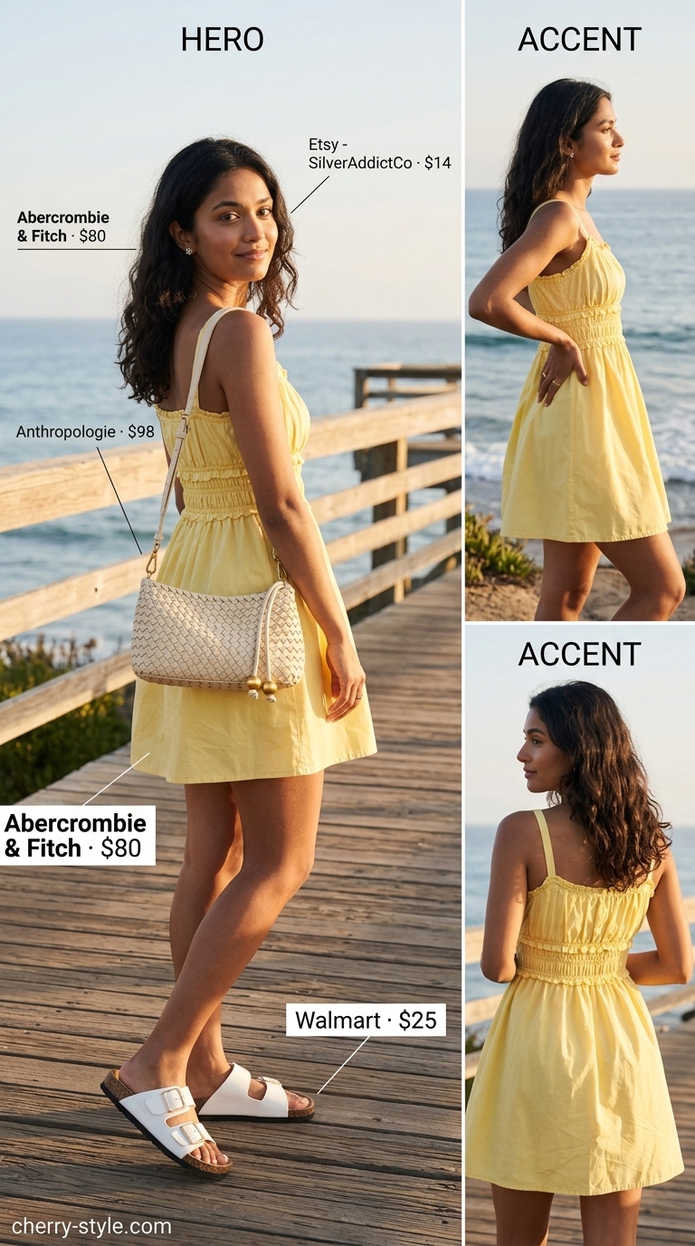 Sweet pastel yellow sundress summer beach outfit for women 2026 with white accessories.