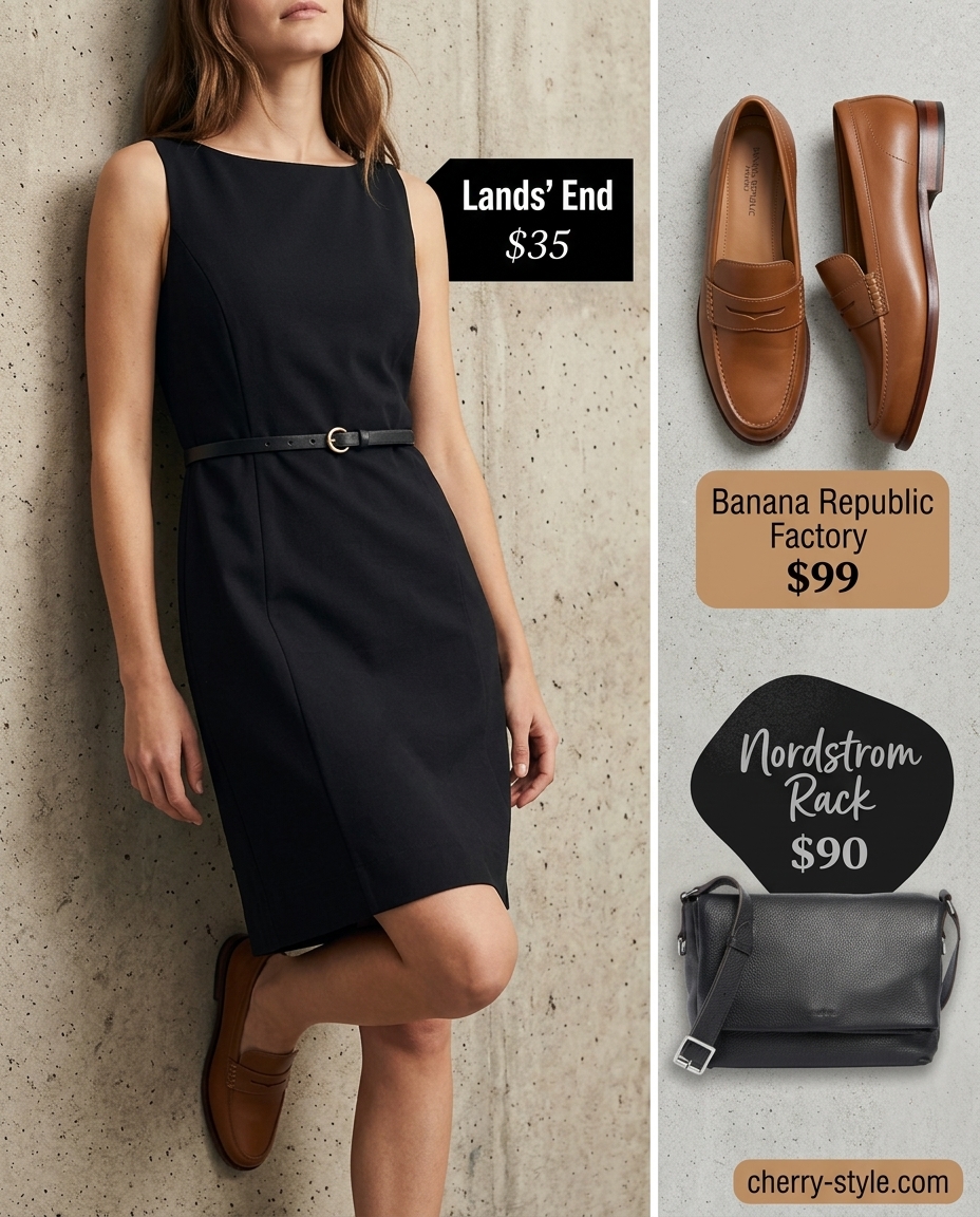 Black shift dress with tan loafers, black belt, and structured bag. Summer belted dress for women 2026.