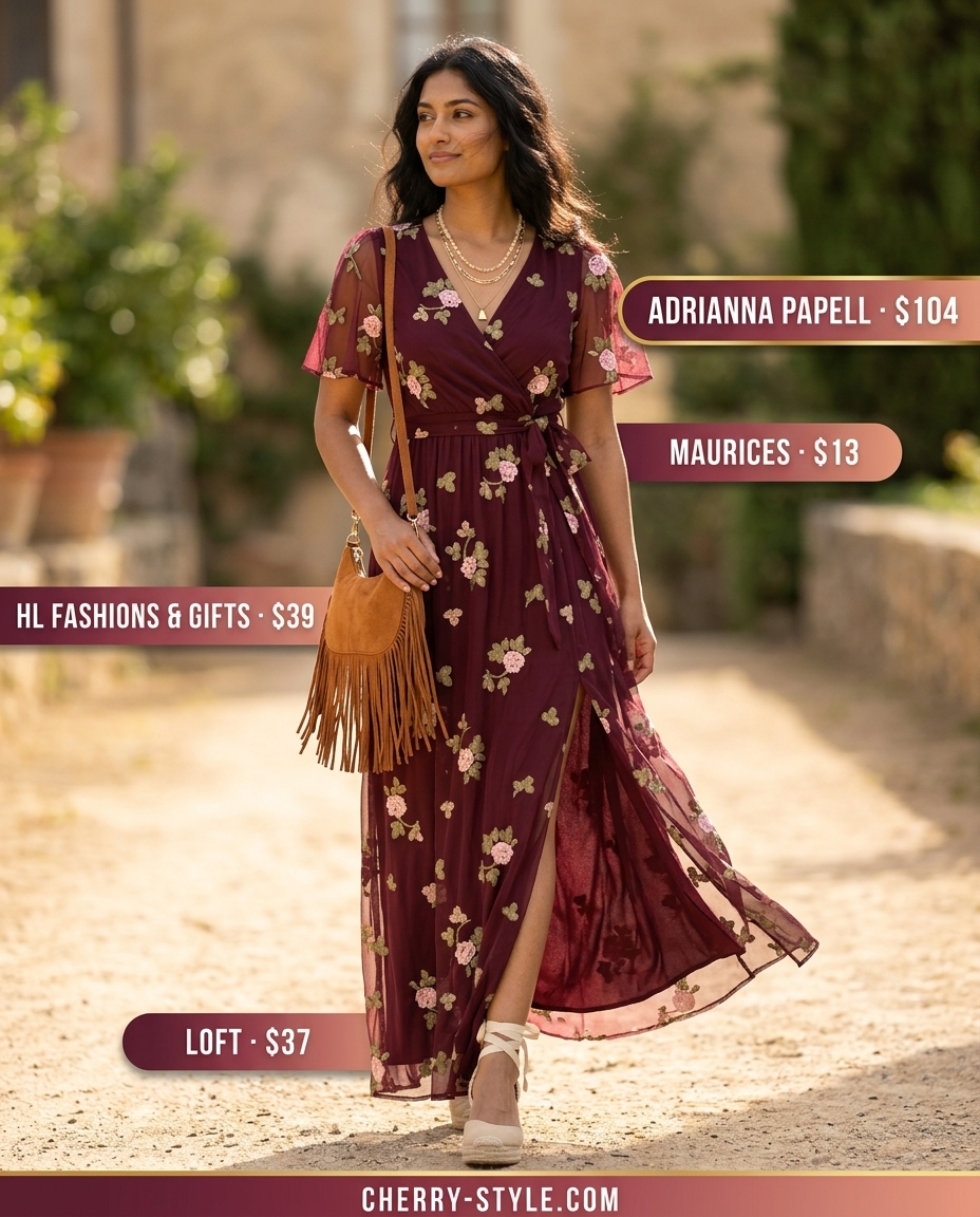 Burgundy paisley maxi dress with espadrilles and fringed bag. Summer belted dress for women 2026.