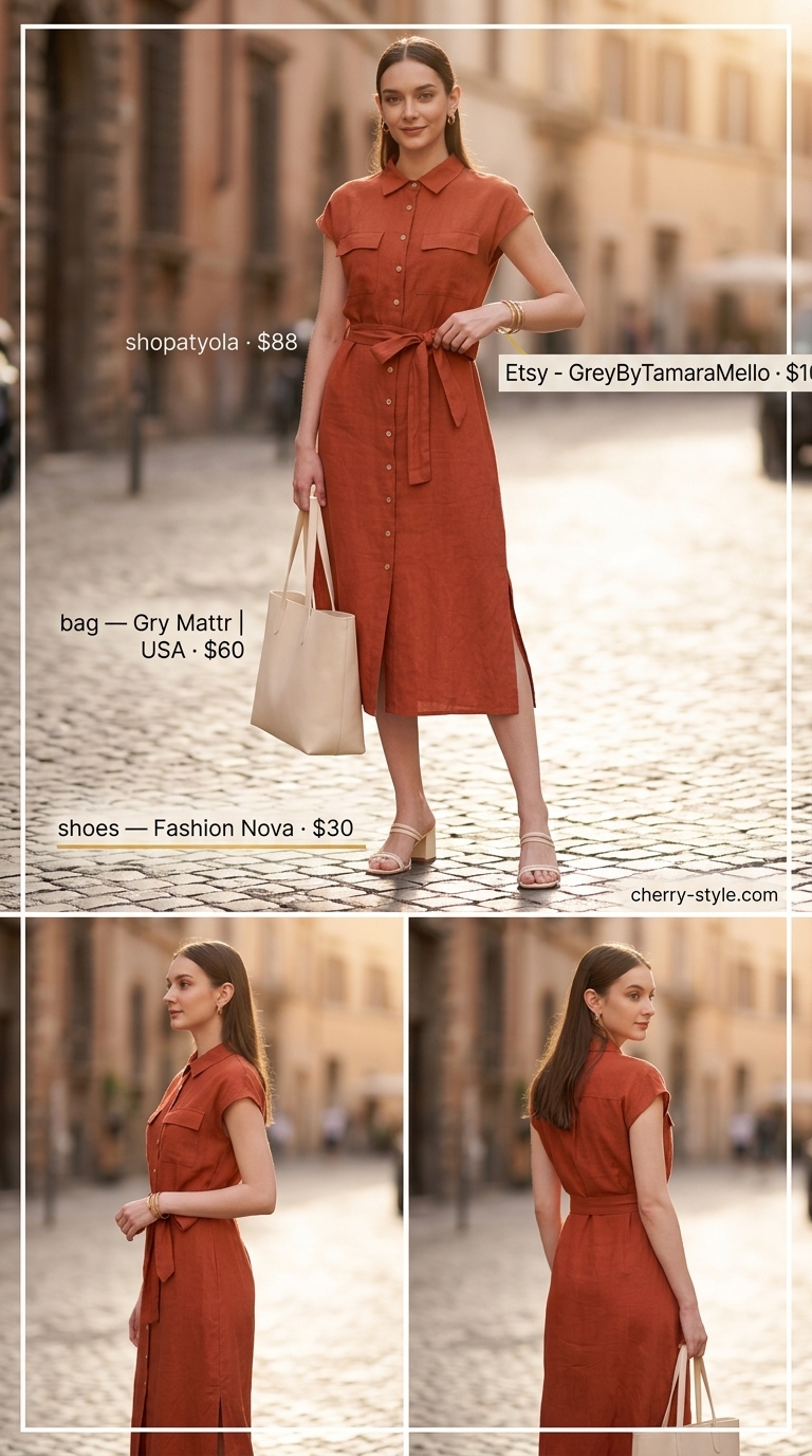 Terracotta linen dress with cream mules for summer Belted dress for women 2026.