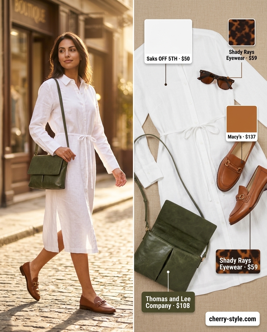 White linen shirt dress with tan loafers and olive green bag for summer Belted dress for women 2026.