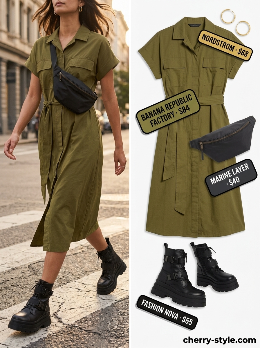 Olive green utility dress with combat boots for summer Belted dress for women 2026.