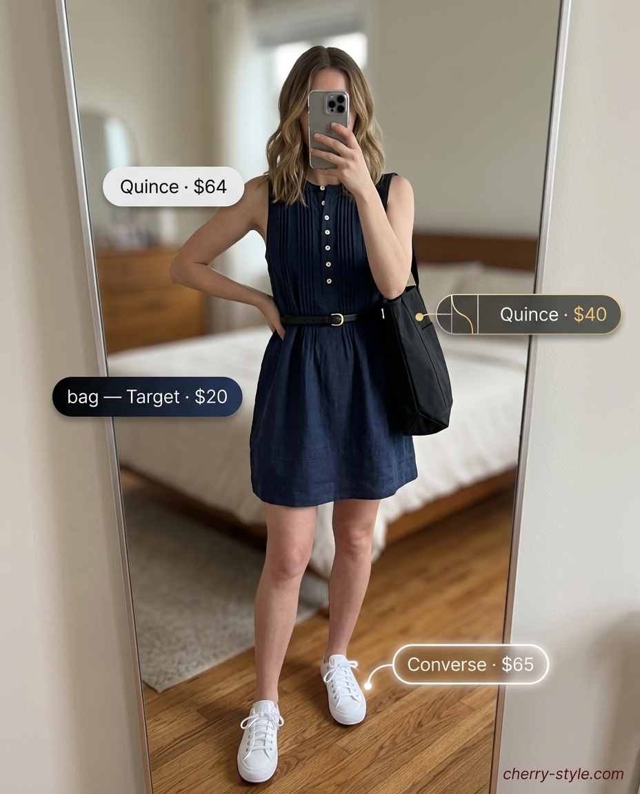 Casual denim shorts look with a versatile dress, white sneakers, black belt, and tote bag for summer 2026.