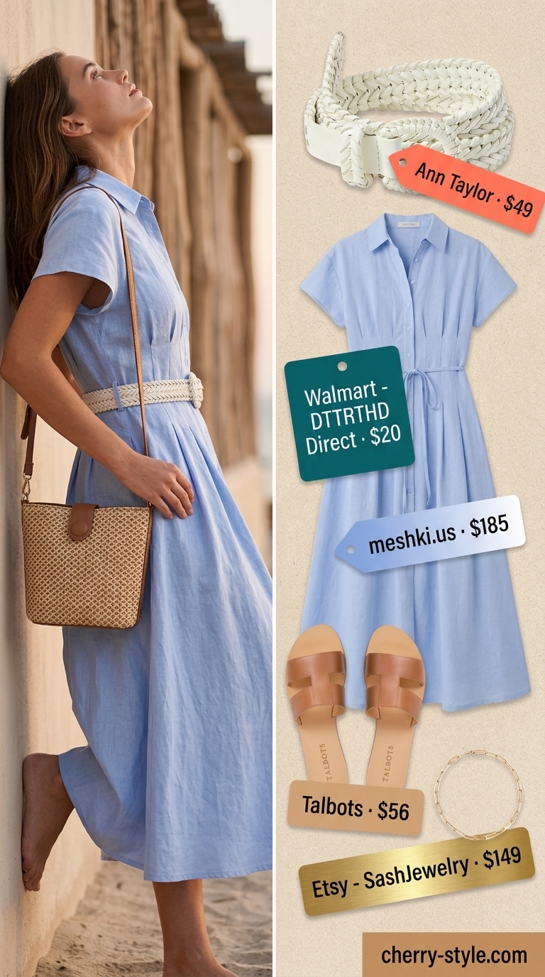 Coastal blue linen A-line dress with white belt, tan slides, and straw crossbody for summer 2026.