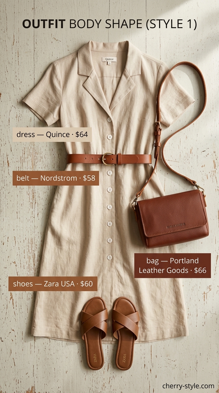 Casual beige linen blend midi dress with brown leather sandals, belt, and crossbody bag for summer 2026.