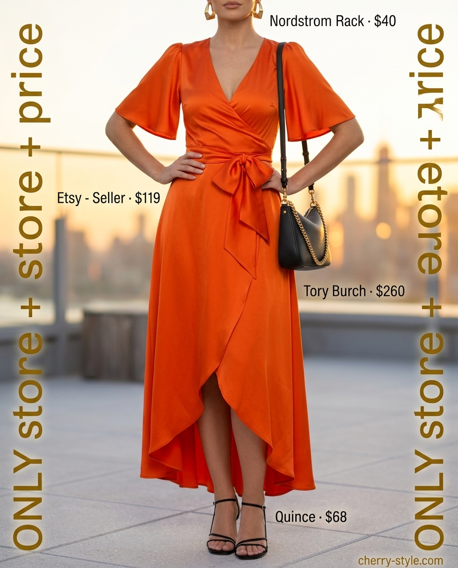Golden hour mango orange wrap dress with black heels, shoulder bag, and gold earrings for summer 2026.